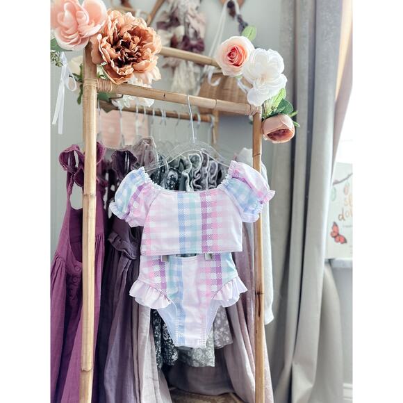 New Darling Pastel Girly Gingham Puff Slv 2pc Swimsuit 3T